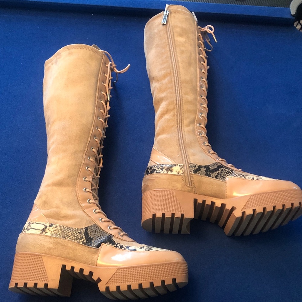 Cape Robbins Zipper Print & Tan Lace-Up Knee-High Boots - Picture 7 of 13
